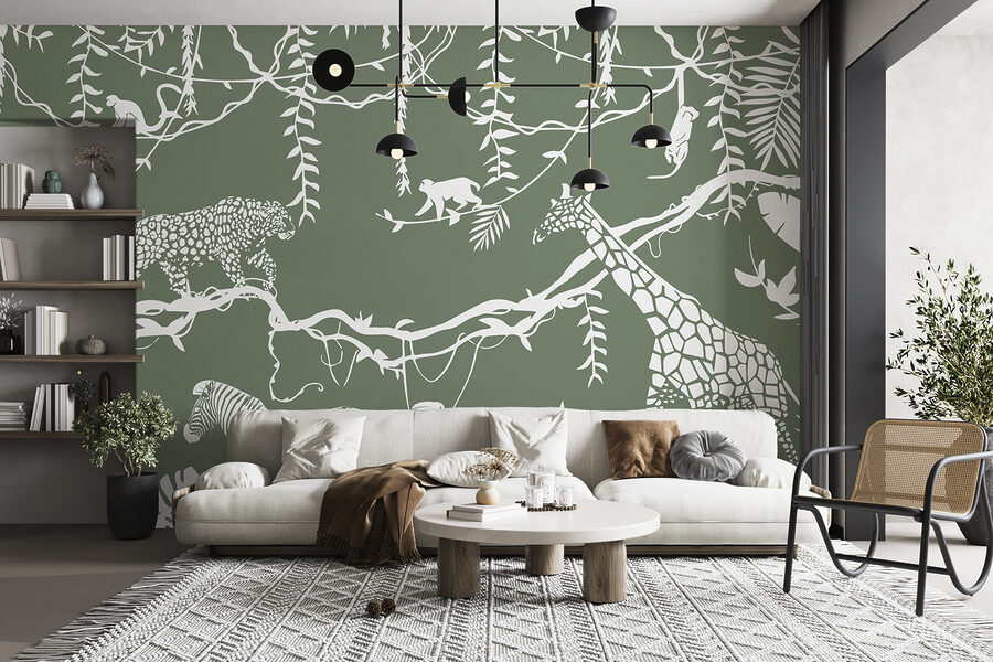 Un papier peint avec des animaux et des plantes