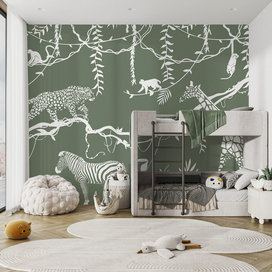Un papier peint avec des animaux et des plantes