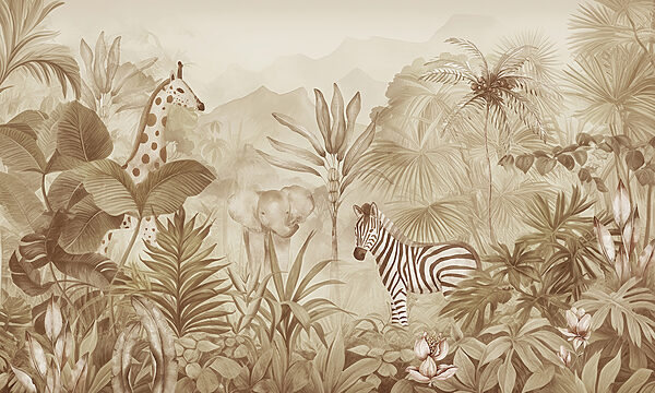 Un papier peint avec des zèbres et des éléphants dans une jungle Un papier peint avec des zèbres et des éléphants dans une jungle