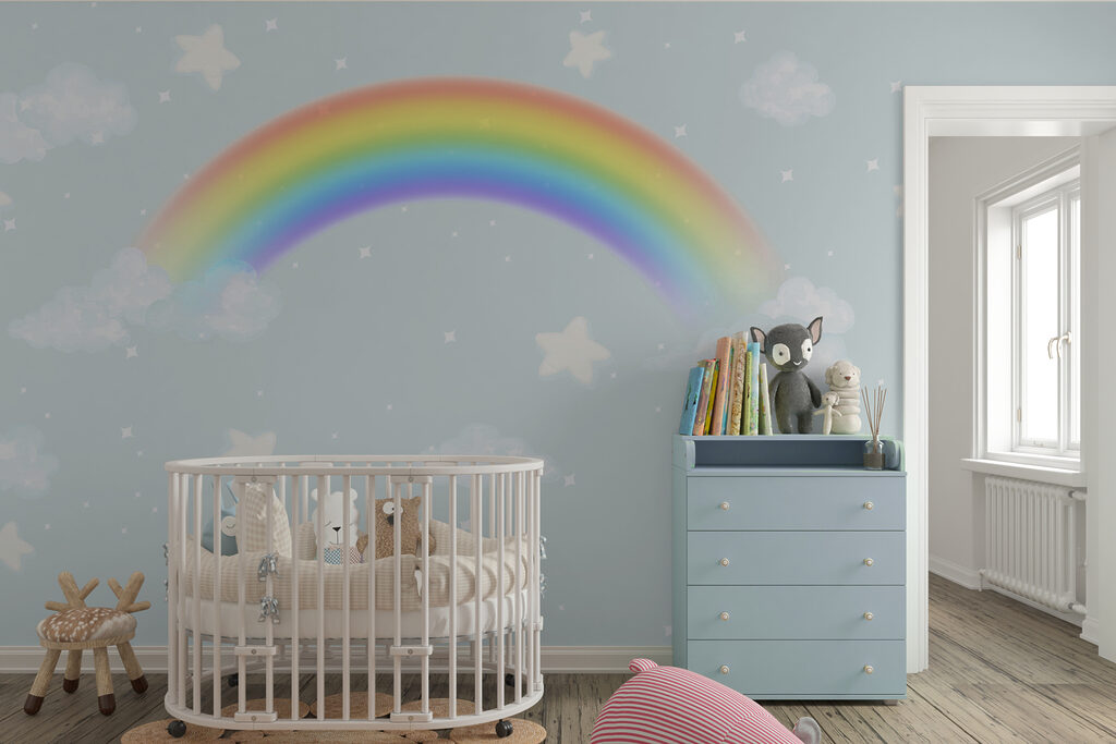 A rainbow and clouds in the sky