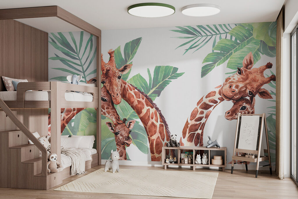 A group of giraffes with their heads in front of leaves A group of giraffes with their heads in front of leaves