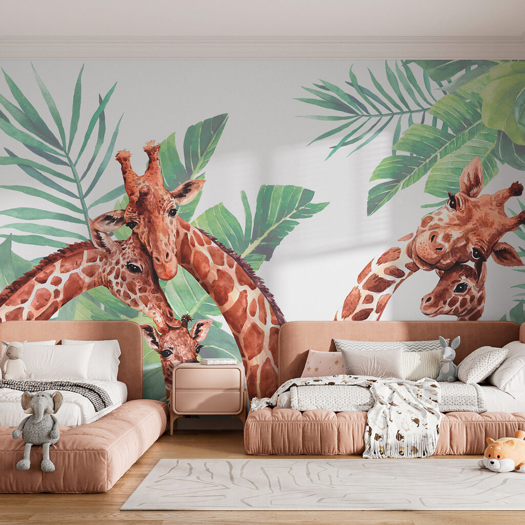 A group of giraffes with their heads in front of leaves A group of giraffes with their heads in front of leaves