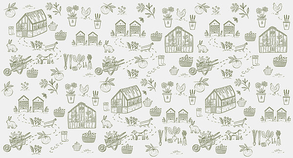 A pattern of gardening tools and plants
