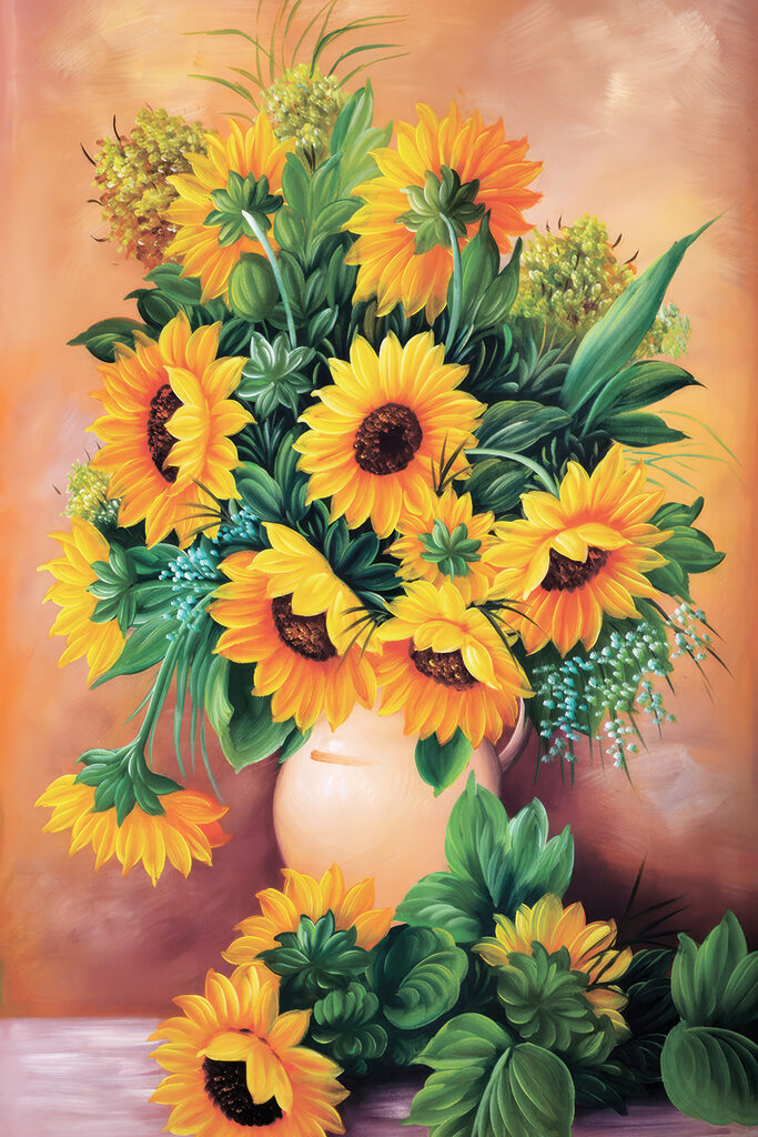 A painting of sunflowers in a vase A painting of sunflowers in a vase