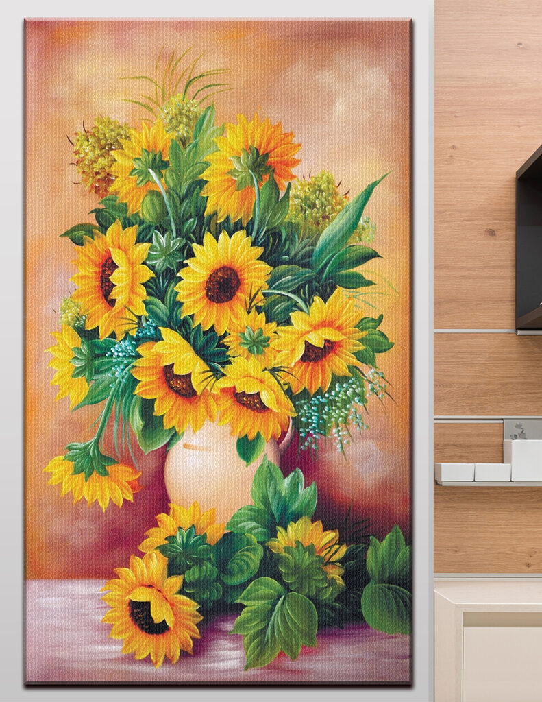 A painting of sunflowers in a vase A painting of sunflowers in a vase