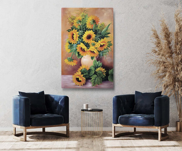 Une peinture de tournesols dans un vase Une peinture de tournesols dans un vase