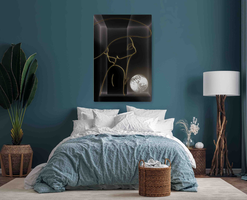 A drawing of a woman with a disco ball