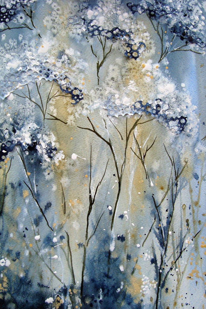A painting of a white and blue plant A painting of a white and blue plant
