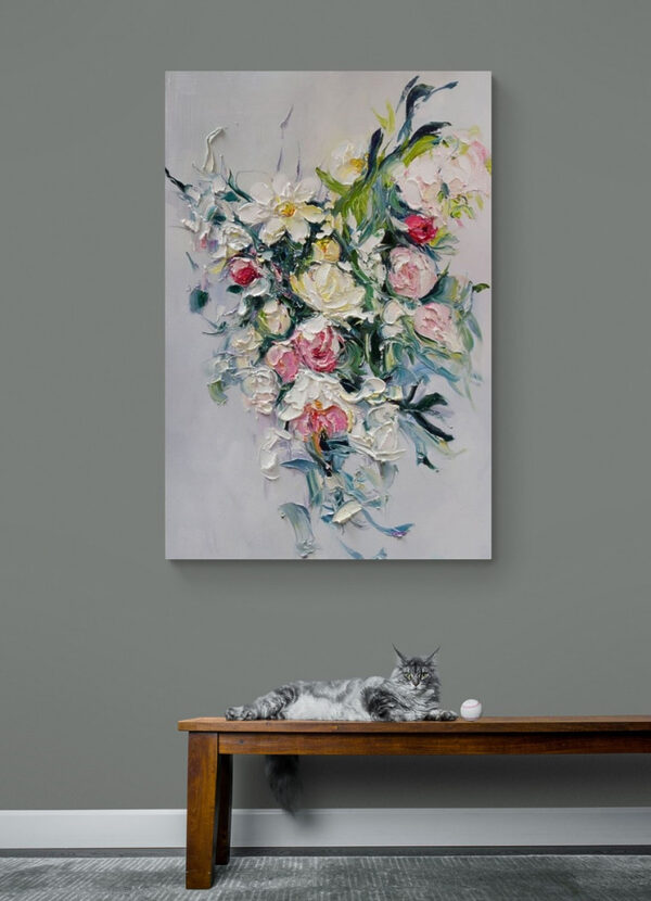 Une peinture de fleurs sur une surface blanche Une peinture de fleurs sur une surface blanche