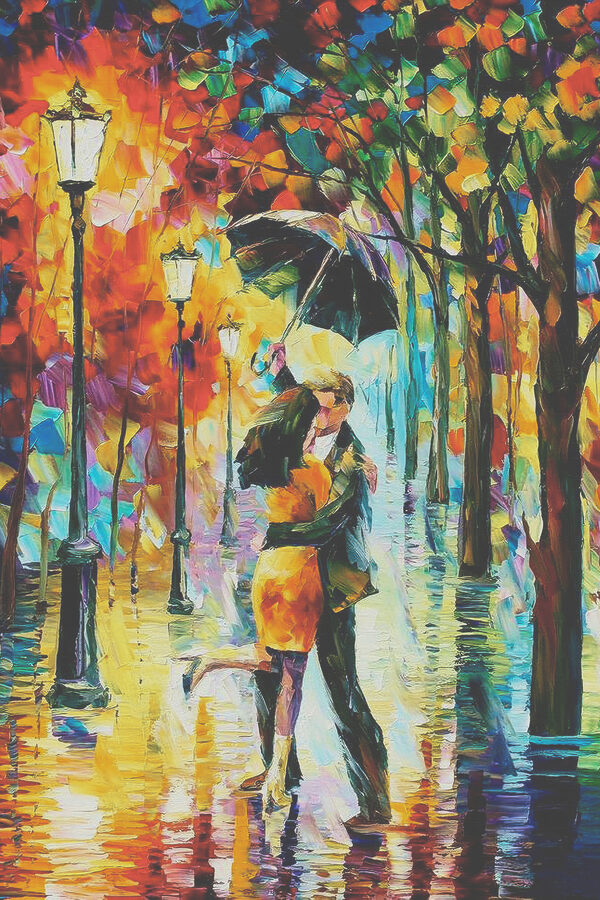 Peinture d'un couple s'embrassant sous un parapluie Peinture d'un couple s'embrassant sous un parapluie