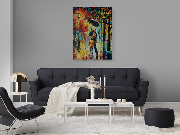 Peinture d'un couple s'embrassant sous un parapluie Peinture d'un couple s'embrassant sous un parapluie