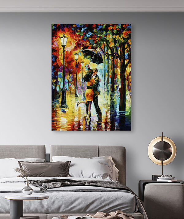 Peinture d'un couple s'embrassant sous un parapluie Peinture d'un couple s'embrassant sous un parapluie