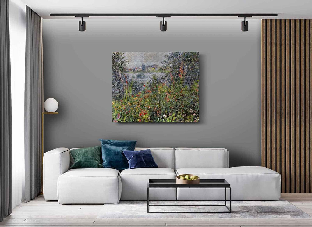 A painting of a garden with flowers and trees