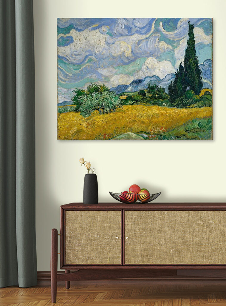 A painting of a landscape with trees and mountains