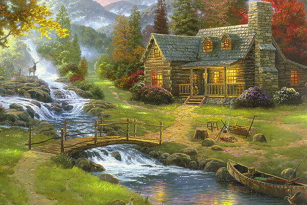 Peinture d'une cabane en rondins avec un pont au-dessus d'une rivière Peinture d'une cabane en rondins avec un pont au-dessus d'une rivière