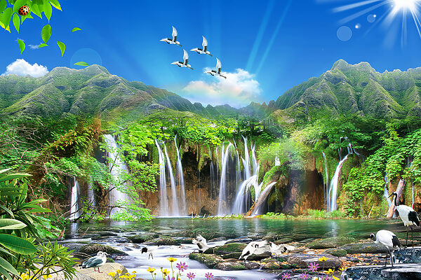 Une chute d'eau avec des oiseaux qui la survolent Une chute d'eau avec des oiseaux qui la survolent