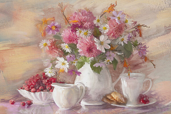 Une peinture de fleurs dans un vase et un bol de nourriture Une peinture de fleurs dans un vase et un bol de nourriture