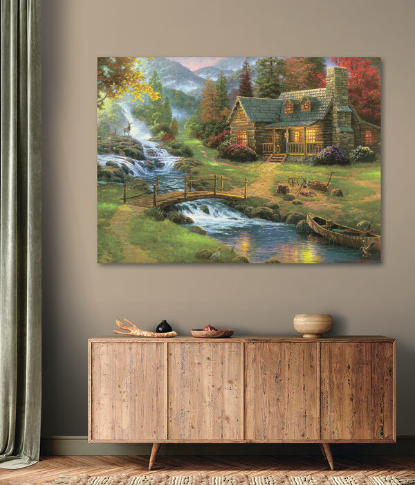 Peinture d'une cabane en rondins avec un pont au-dessus d'une rivière Peinture d'une cabane en rondins avec un pont au-dessus d'une rivière