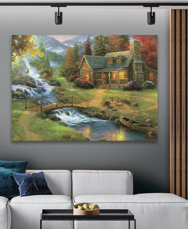 Peinture d'une cabane en rondins avec un pont au-dessus d'une rivière Peinture d'une cabane en rondins avec un pont au-dessus d'une rivière