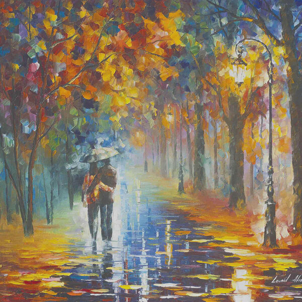 Peinture d'un couple marchant dans un parc avec des arbres et un lampadaire. Peinture d'un couple marchant dans un parc avec des arbres et un lampadaire.