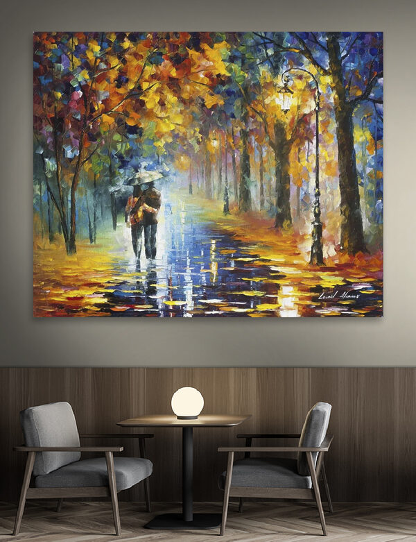 Peinture d'un couple marchant dans un parc avec des arbres et un lampadaire. Peinture d'un couple marchant dans un parc avec des arbres et un lampadaire.
