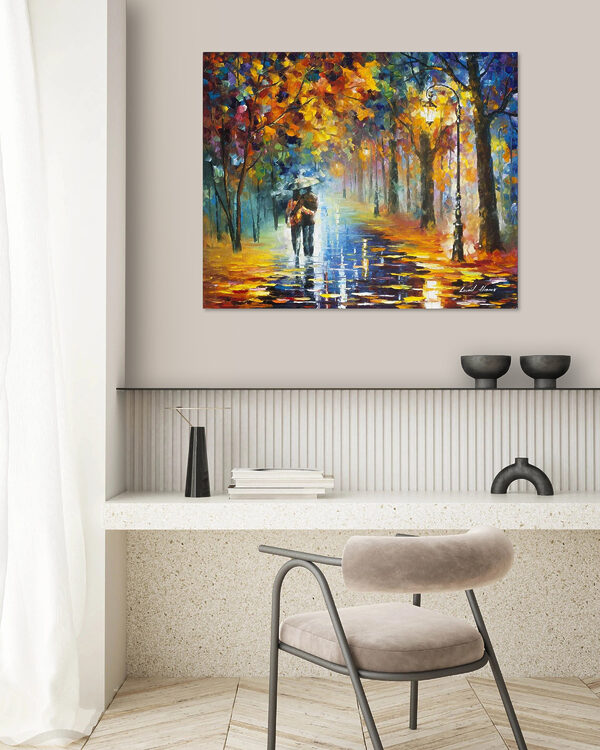 Peinture d'un couple marchant dans un parc avec des arbres et un lampadaire. Peinture d'un couple marchant dans un parc avec des arbres et un lampadaire.