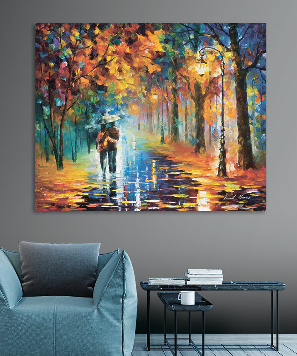 Peinture d'un couple marchant dans un parc avec des arbres et un lampadaire. Peinture d'un couple marchant dans un parc avec des arbres et un lampadaire.