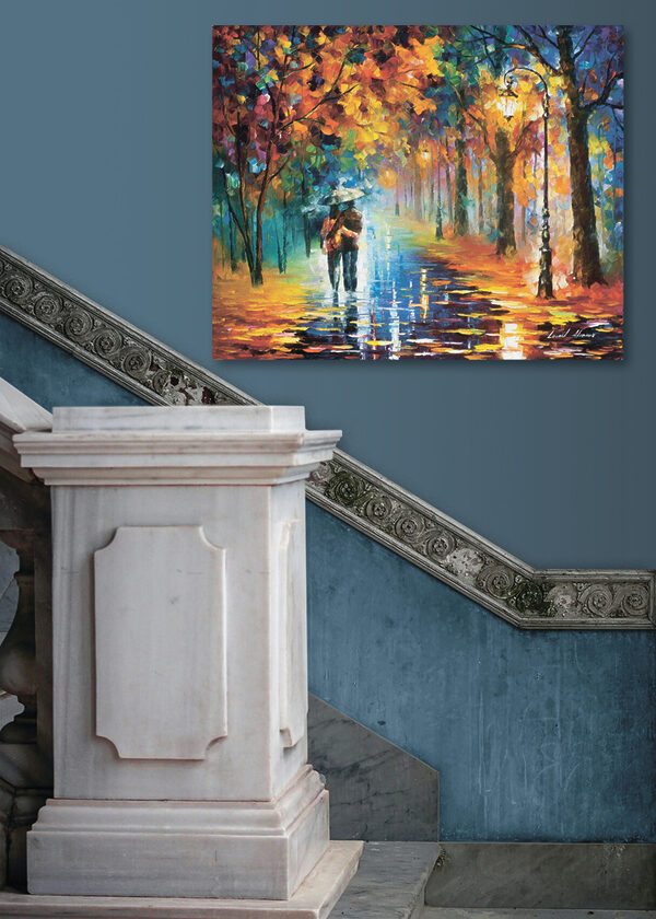 Peinture d'un couple marchant dans un parc avec des arbres et un lampadaire. Peinture d'un couple marchant dans un parc avec des arbres et un lampadaire.