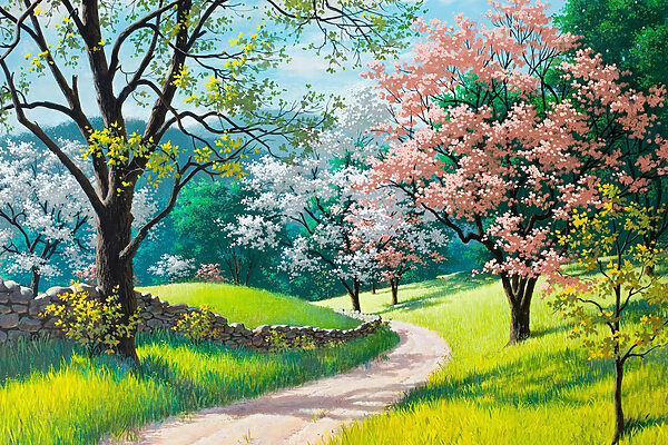 Un chemin de terre traversant un champ herbeux avec des arbres et un mur de pierre Un chemin de terre traversant un champ herbeux avec des arbres et un mur de pierre