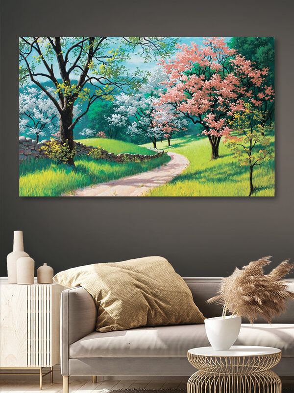 Un chemin de terre traversant un champ herbeux avec des arbres et un mur de pierre Un chemin de terre traversant un champ herbeux avec des arbres et un mur de pierre
