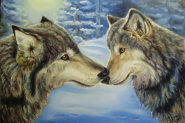 Une peinture de deux loups s'embrassant Une peinture de deux loups s'embrassant