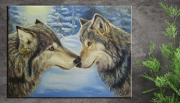 Une peinture de deux loups s'embrassant Une peinture de deux loups s'embrassant