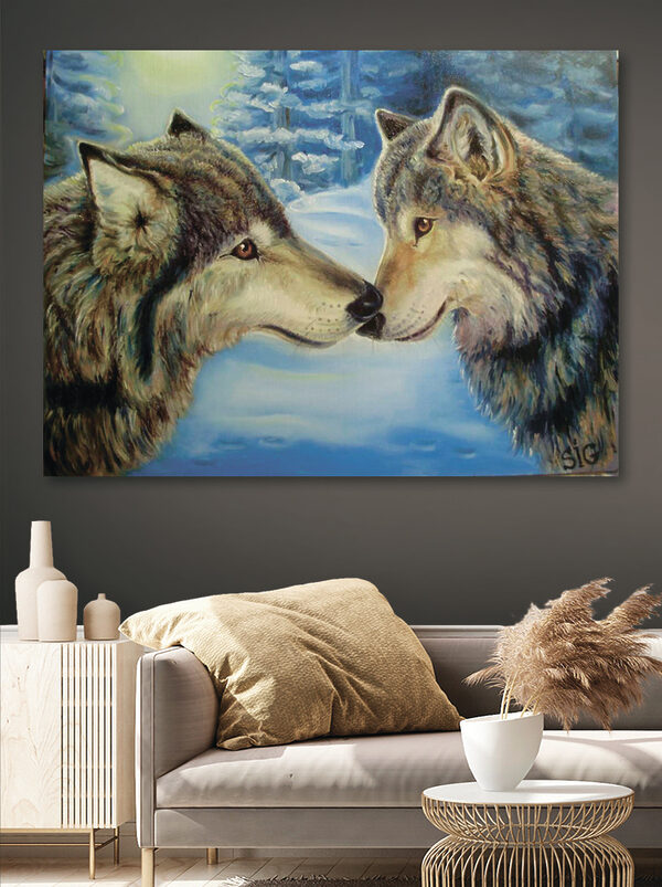 Une peinture de deux loups s'embrassant Une peinture de deux loups s'embrassant