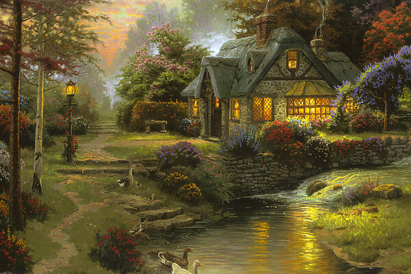 Peinture d'un chalet au bord d'une rivière Peinture d'un chalet au bord d'une rivière