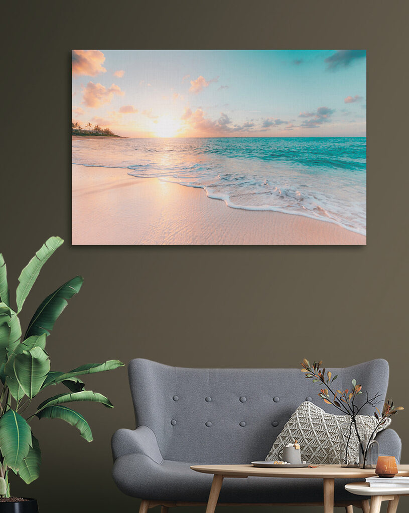 A beach with waves and a sunset