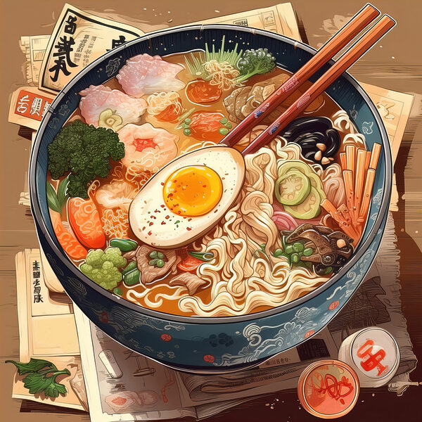 Un bol de ramen avec des baguettes et un œuf Un bol de ramen avec des baguettes et un œuf