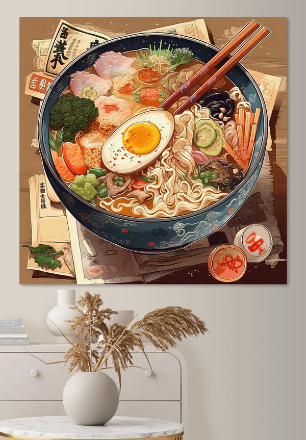 Un bol de ramen avec des baguettes et un œuf Un bol de ramen avec des baguettes et un œuf