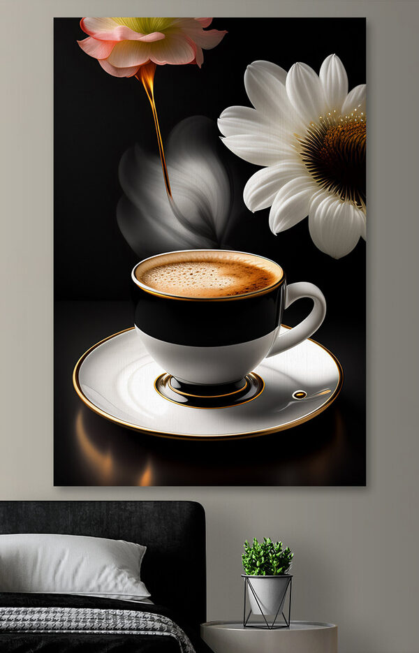 A cup of coffee and a flower A cup of coffee and a flower