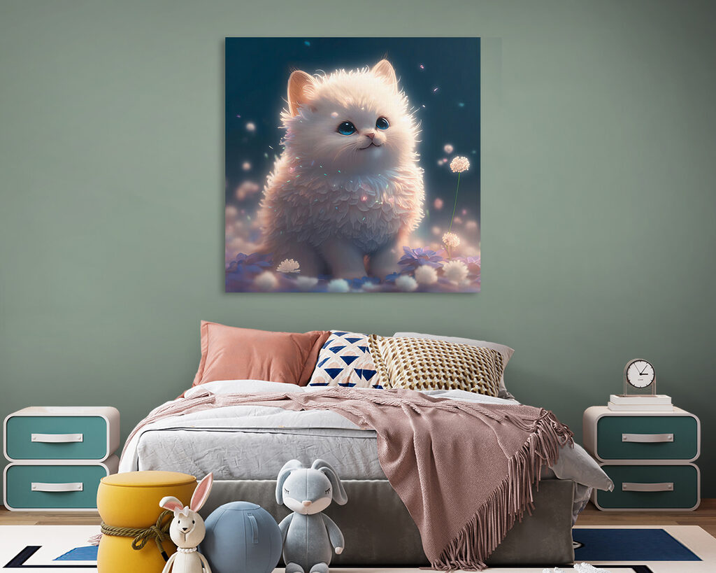 A white fluffy cat with blue eyes