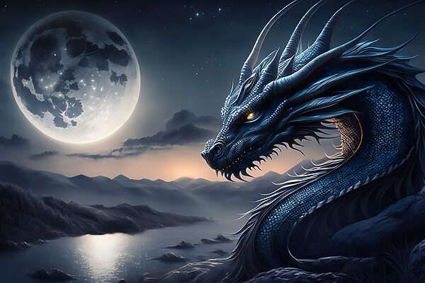 Un dragon bleu avec une lune en arrière-plan Un dragon bleu avec une lune en arrière-plan