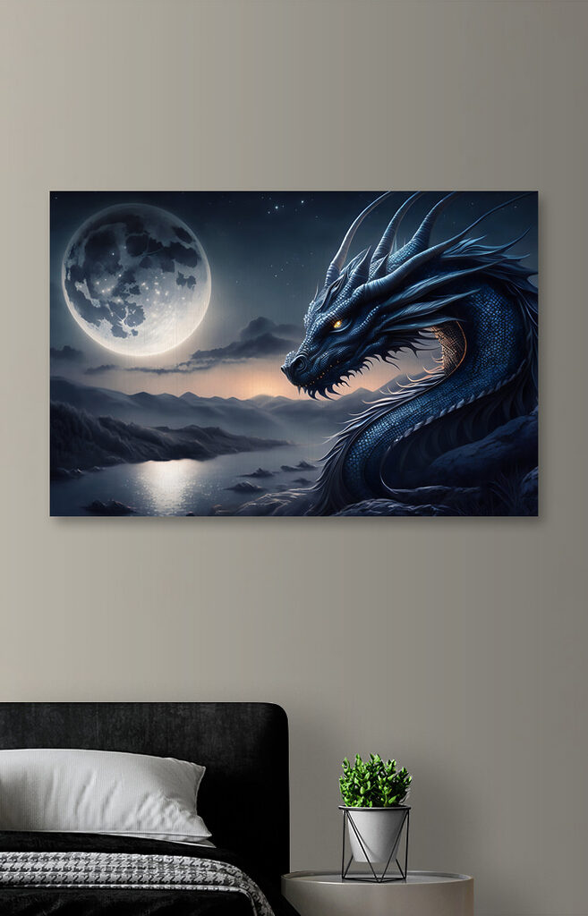 A blue dragon with a moon in the background