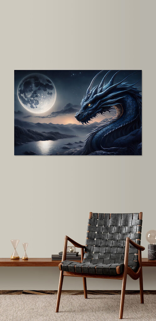 A blue dragon with a moon in the background