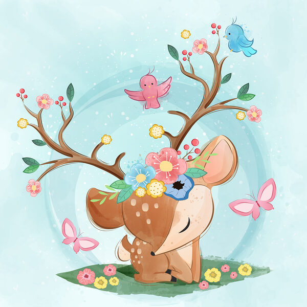 Un cerf de dessin animé avec des fleurs et des oiseaux Un cerf de dessin animé avec des fleurs et des oiseaux