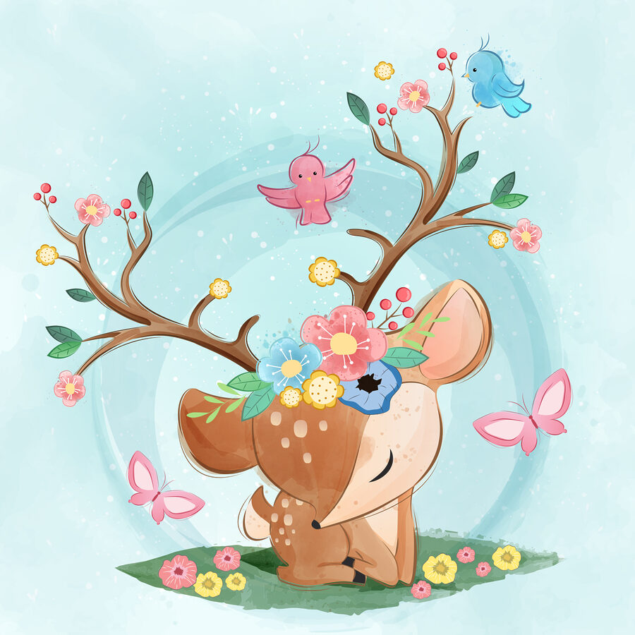 Un cerf de dessin animé avec des fleurs et des oiseaux