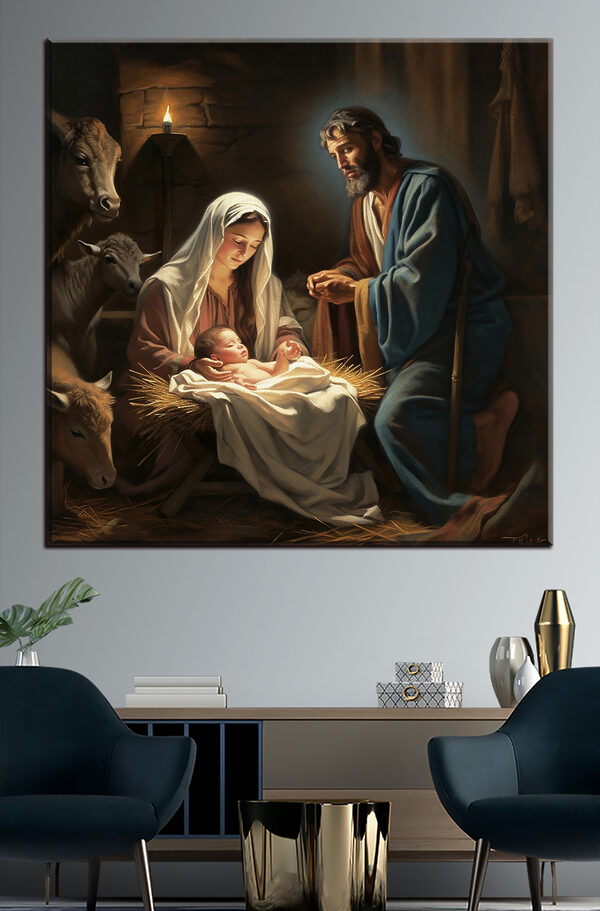 Peinture représentant un homme et une femme dans une mangeoire avec des animaux autour. Peinture représentant un homme et une femme dans une mangeoire avec des animaux autour.
