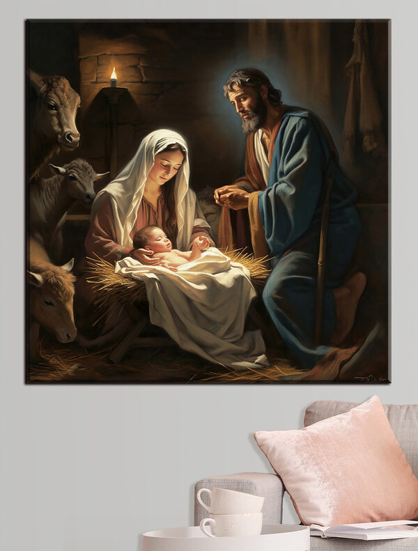 Peinture représentant un homme et une femme dans une mangeoire avec des animaux autour. Peinture représentant un homme et une femme dans une mangeoire avec des animaux autour.