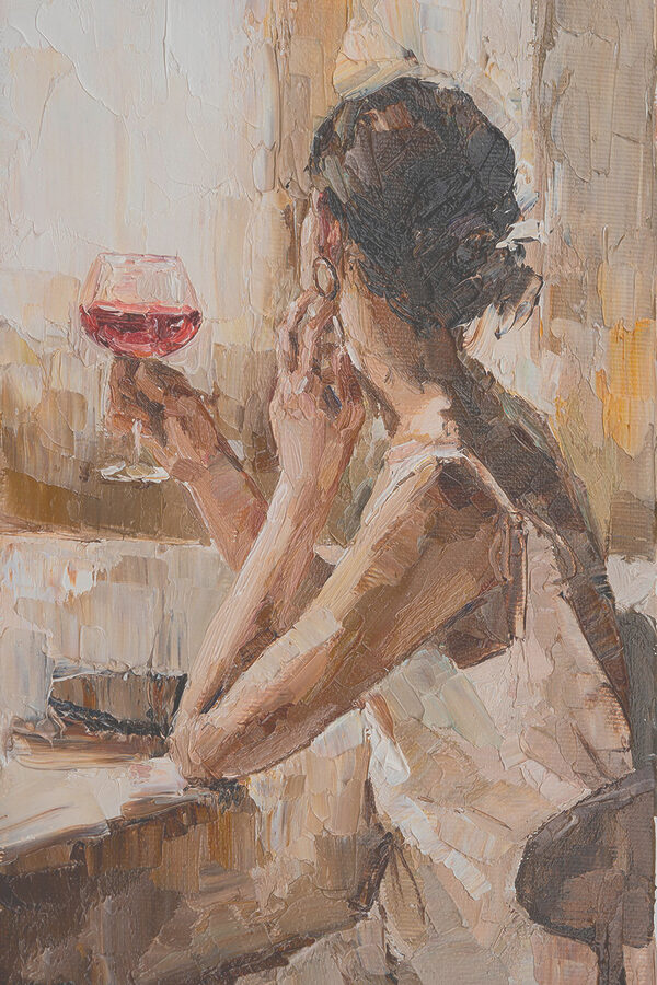 A painting of a woman holding a glass of wine