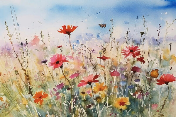 Une aquarelle de fleurs et d'un papillon Une aquarelle de fleurs et d'un papillon