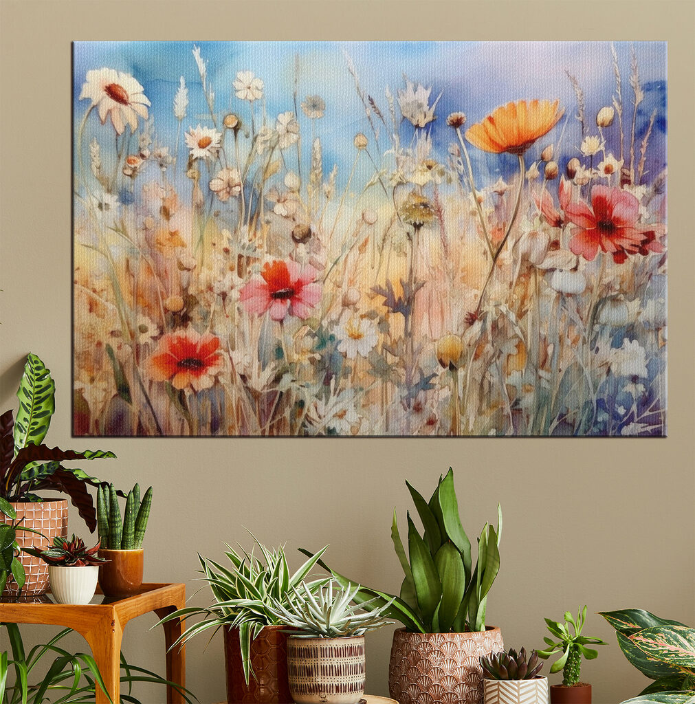 A painting of flowers and grass