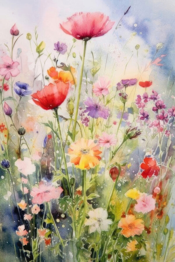 A painting of flowers in a field A painting of flowers in a field